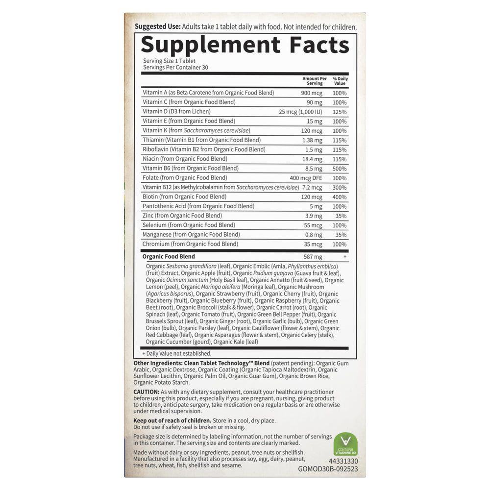 Garden of Life Organic Non-GMO certification; trusted clean multivitamin standard.