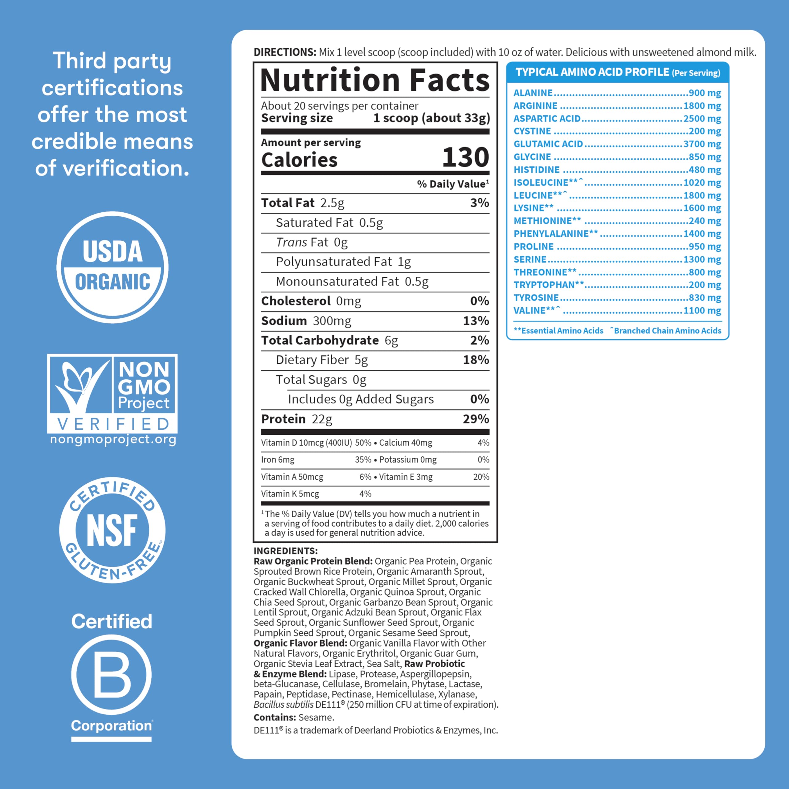 Garden of Life organic vegan ingredients list highlights peas, seeds, and sprouted grains.