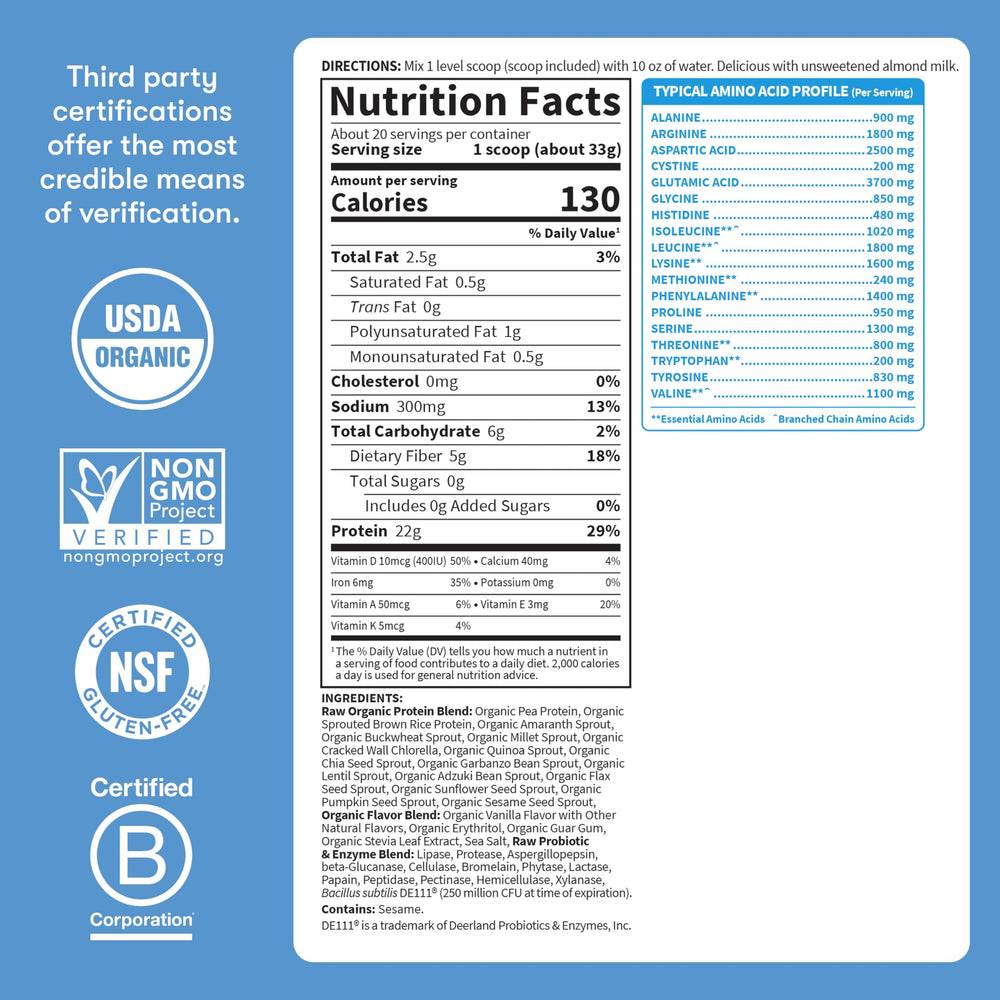 Garden of Life organic vegan ingredients list highlights peas, seeds, and sprouted grains.