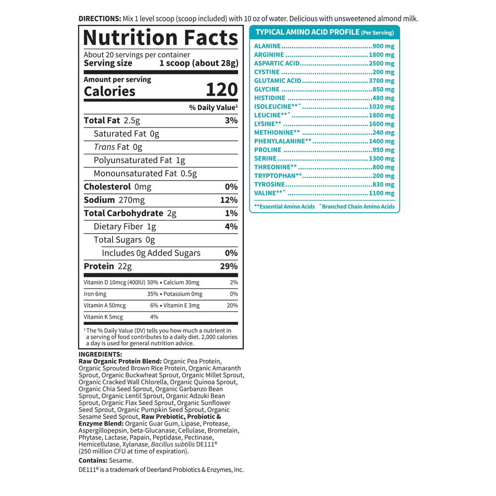 Garden of Life Organic Vegan Protein Powder processed at low temperature preserves nutrients