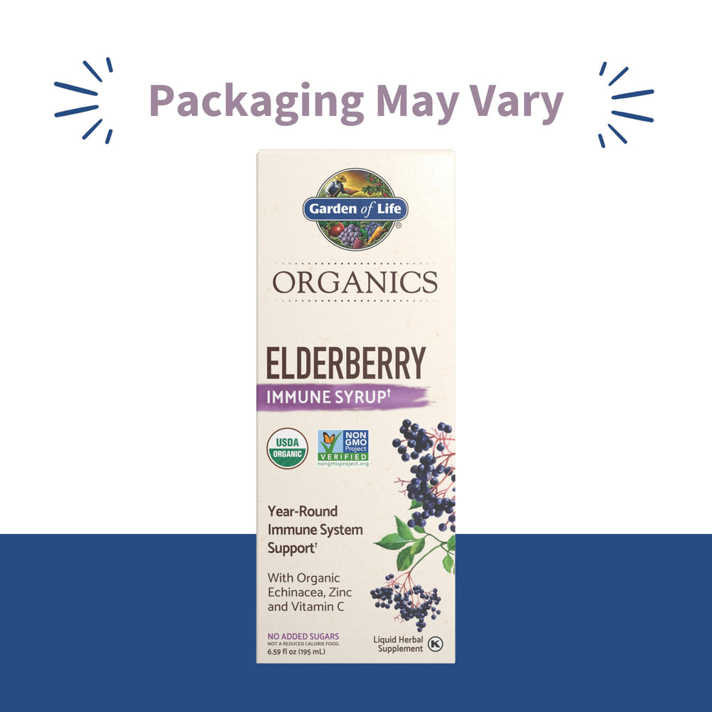 Garden of Life Organics Elderberry Immune Syrup being poured for quick dosing.
