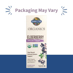 Garden of Life Organics Elderberry Immune Syrup being poured for quick dosing.