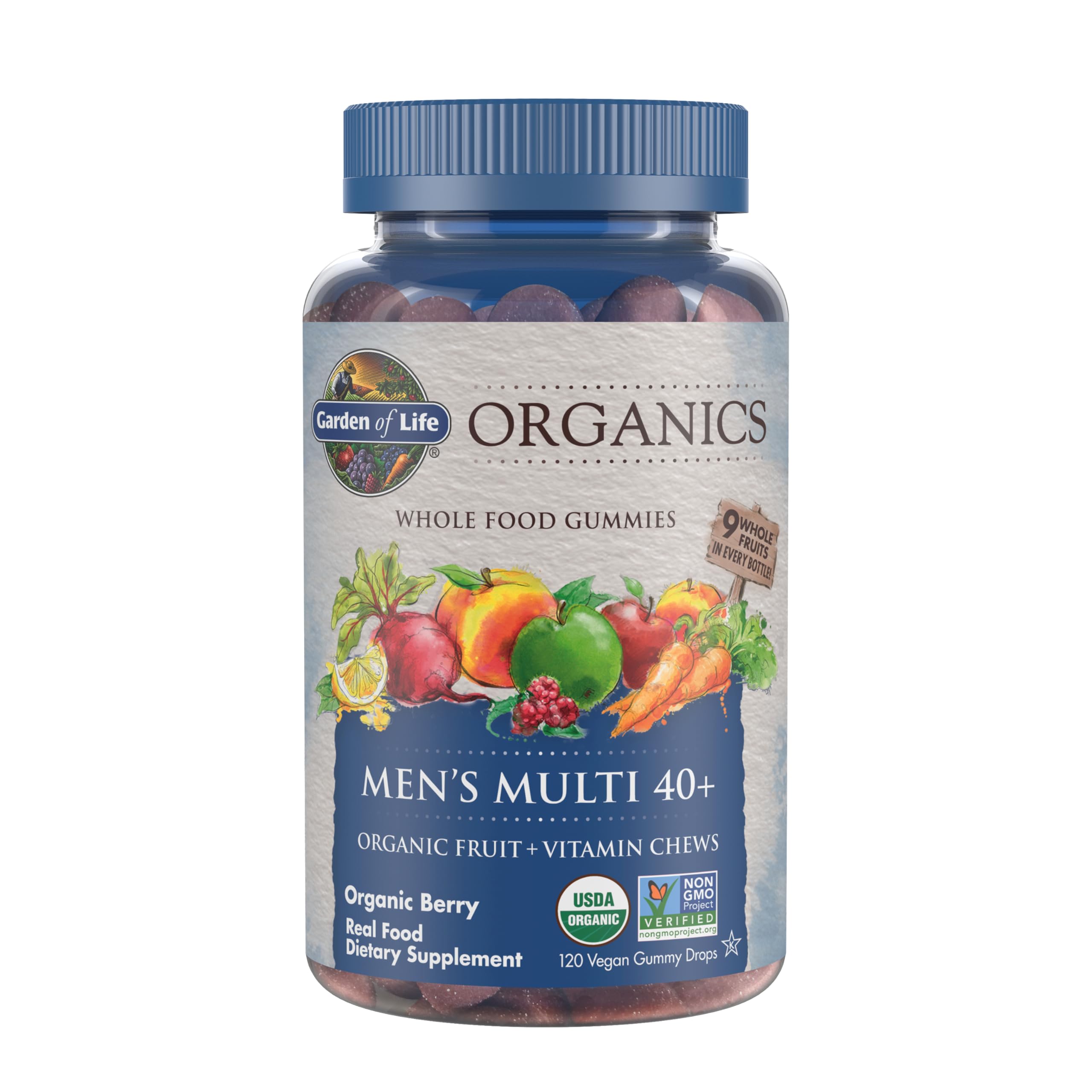 Garden of Life Organics Men 40+ Berry gummy bottle supports daily wellness with organic ingredients.