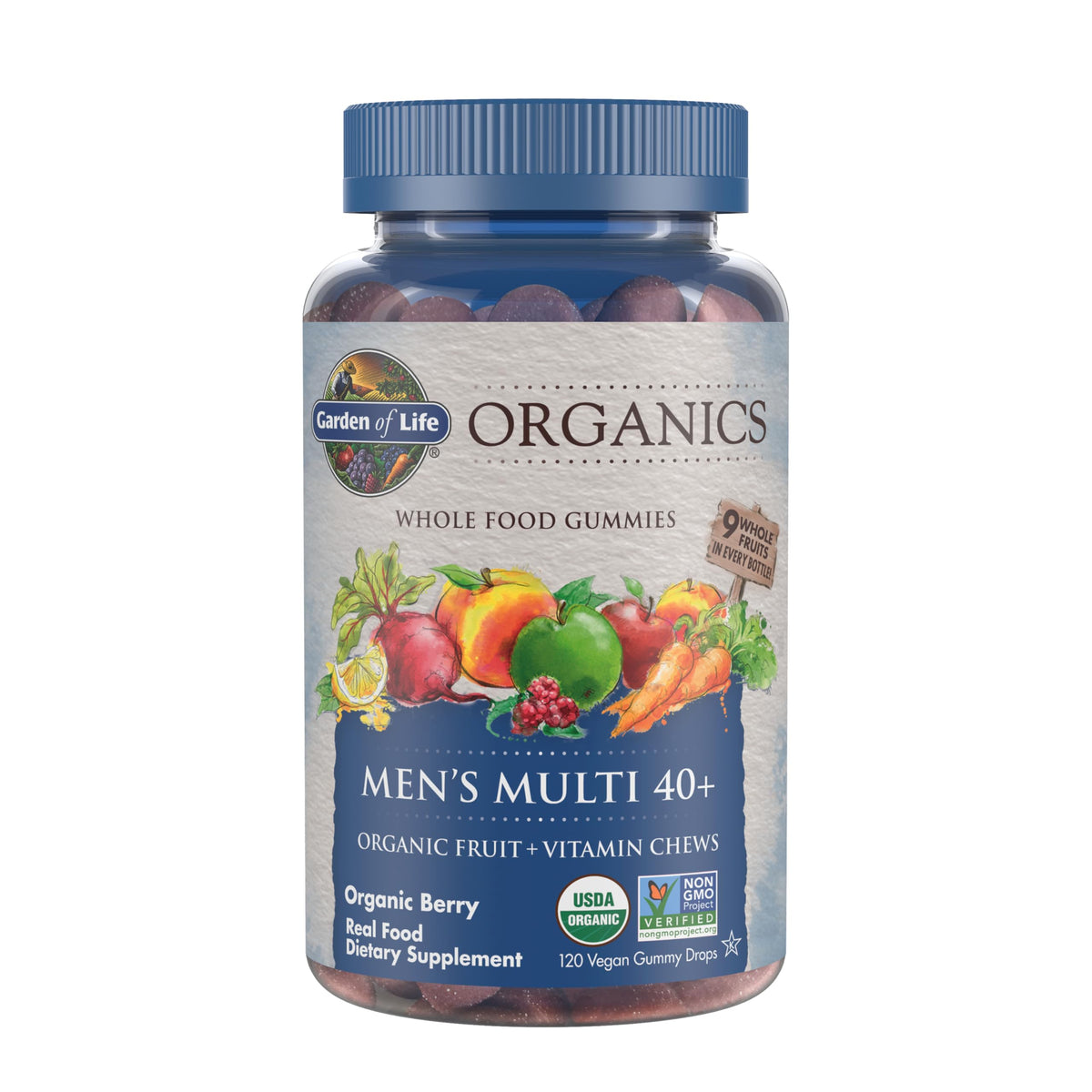 Garden of Life Organics Men 40+ Berry gummy bottle supports daily wellness with organic ingredients.