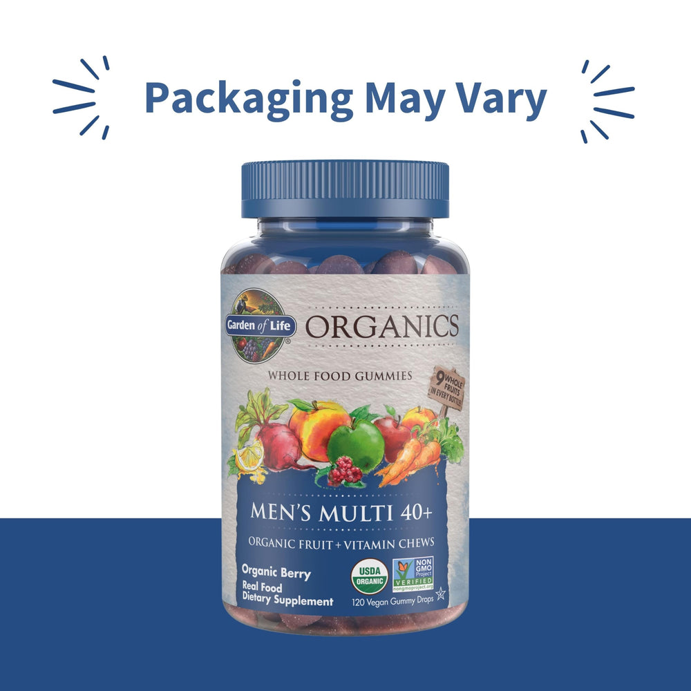Garden of Life Organics Men 40+ berry gummy close-up highlights chewy texture and berry flavor.