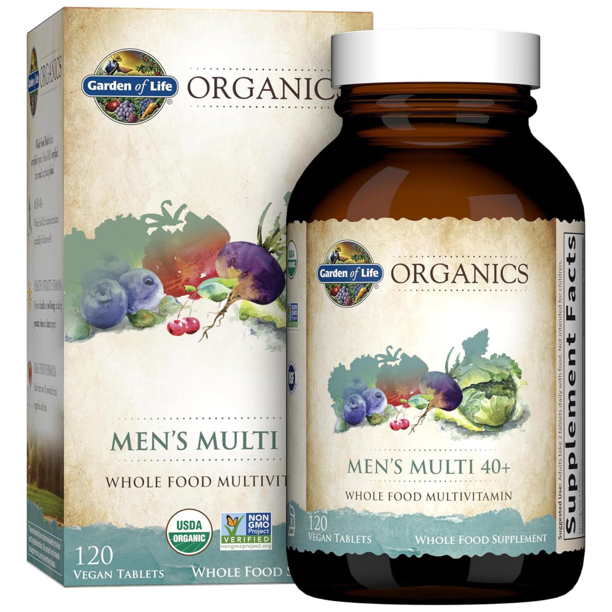 Garden of Life Organics Men's Multi 40+ bottle with 120 vegan tablets for daily vitality.