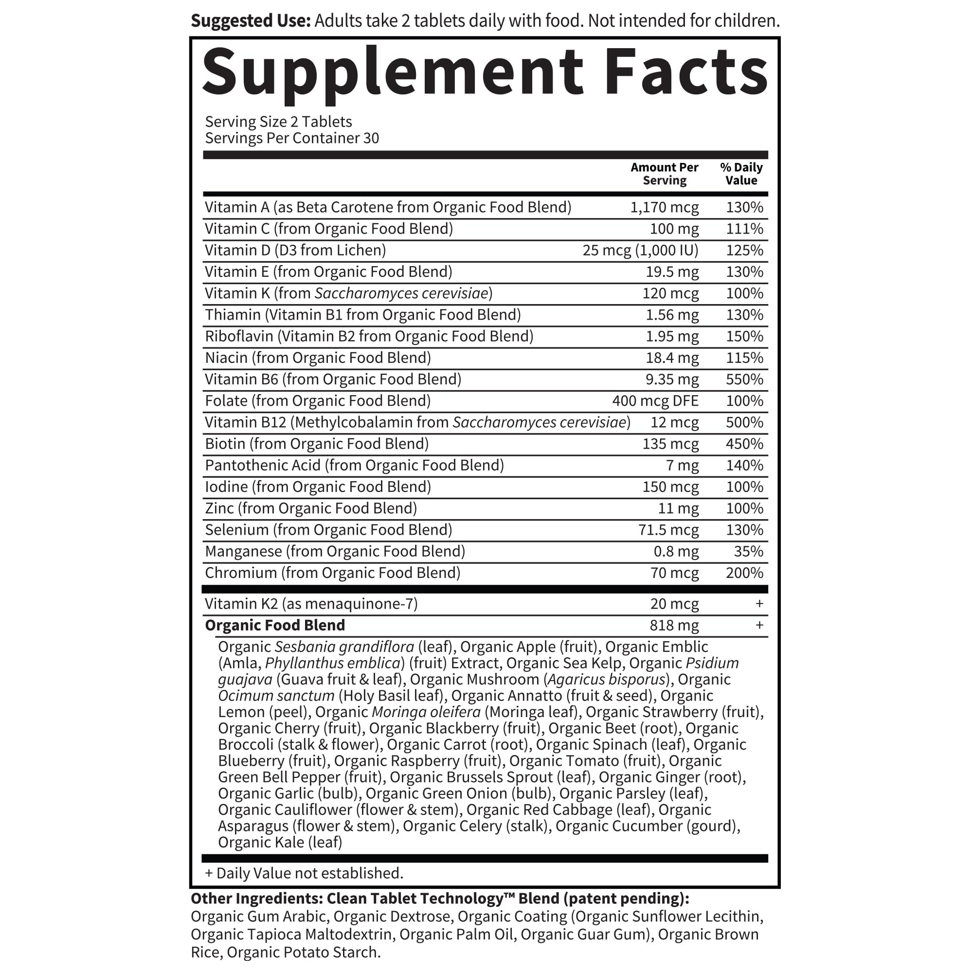 Garden of Life Organics Men's Multi ingredients list highlighting organic fruits and herbs