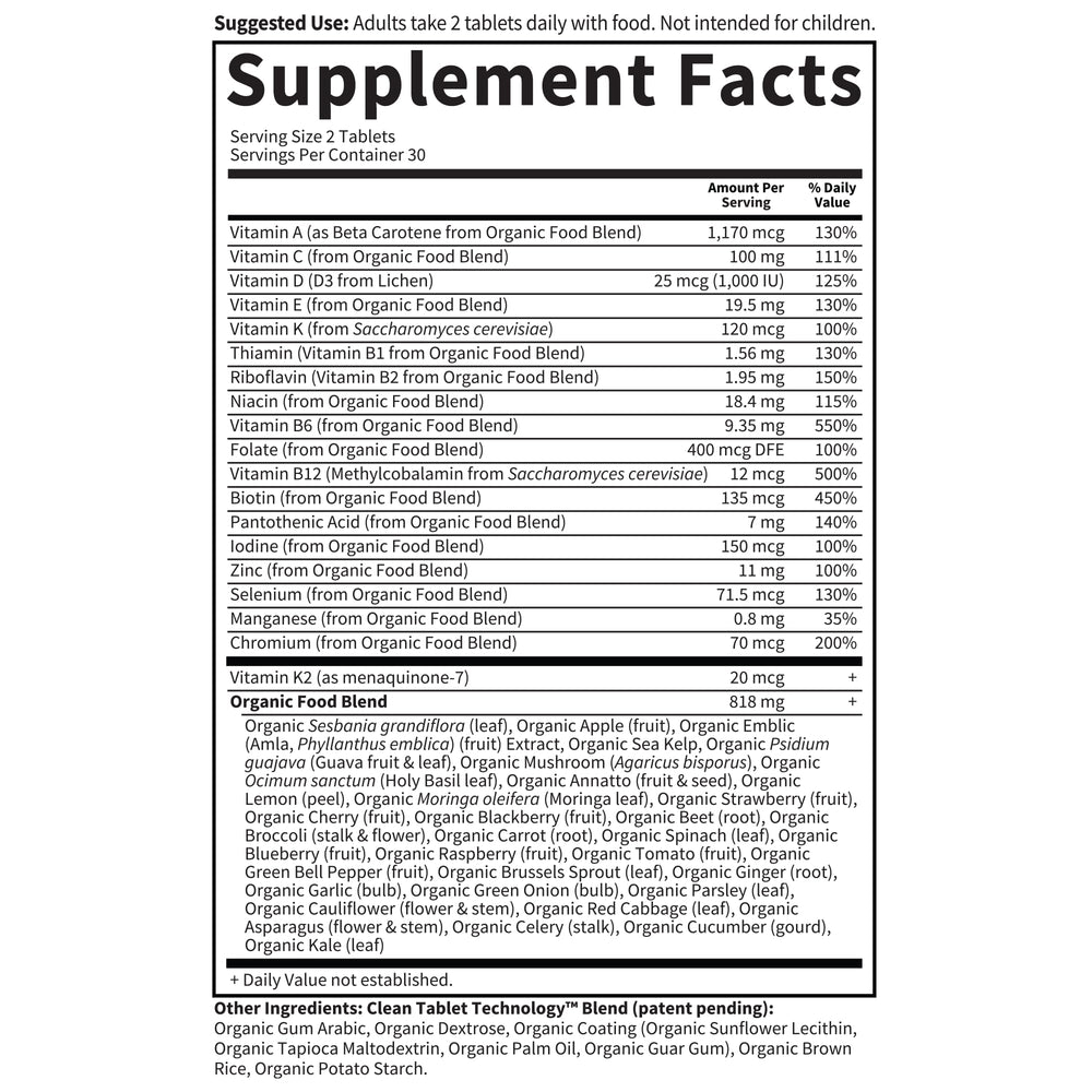 Garden of Life Organics Men's Multi ingredients list highlighting organic fruits and herbs