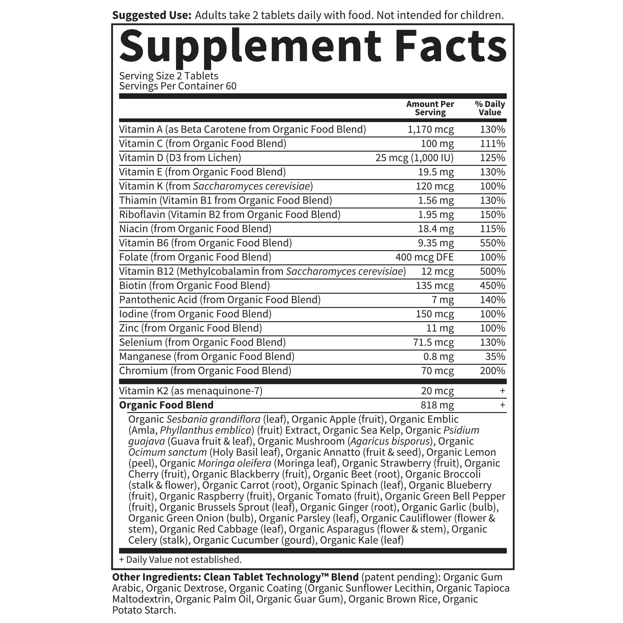 Label detail highlights 17 vitamins and minerals at daily value or higher.