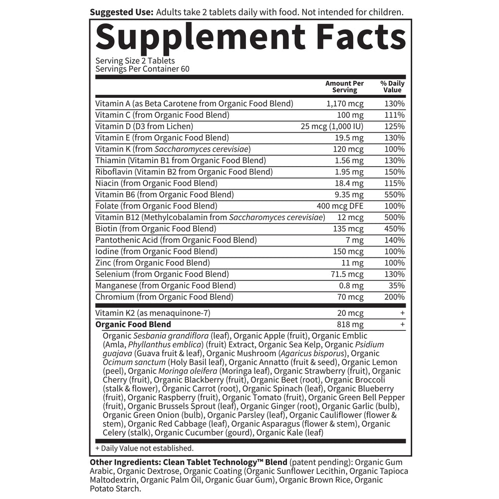 Label detail highlights 17 vitamins and minerals at daily value or higher.
