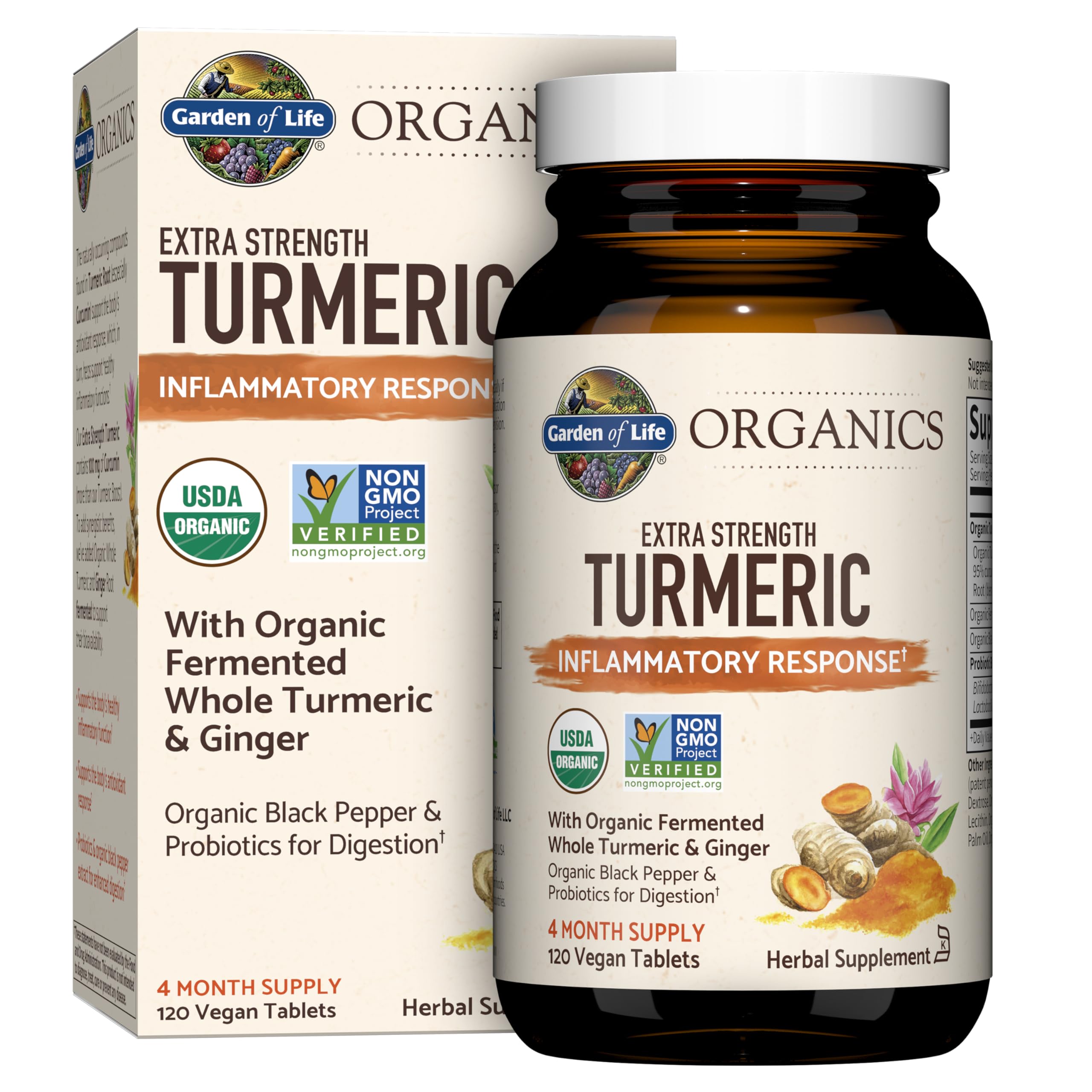 Garden of Life Turmeric extra-strength bottle front shows organic formula for daily inflammatory support