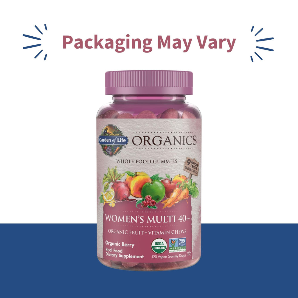 Garden of Life Organics Women 40+ gummies berry label highlights organic, vegan ingredients.