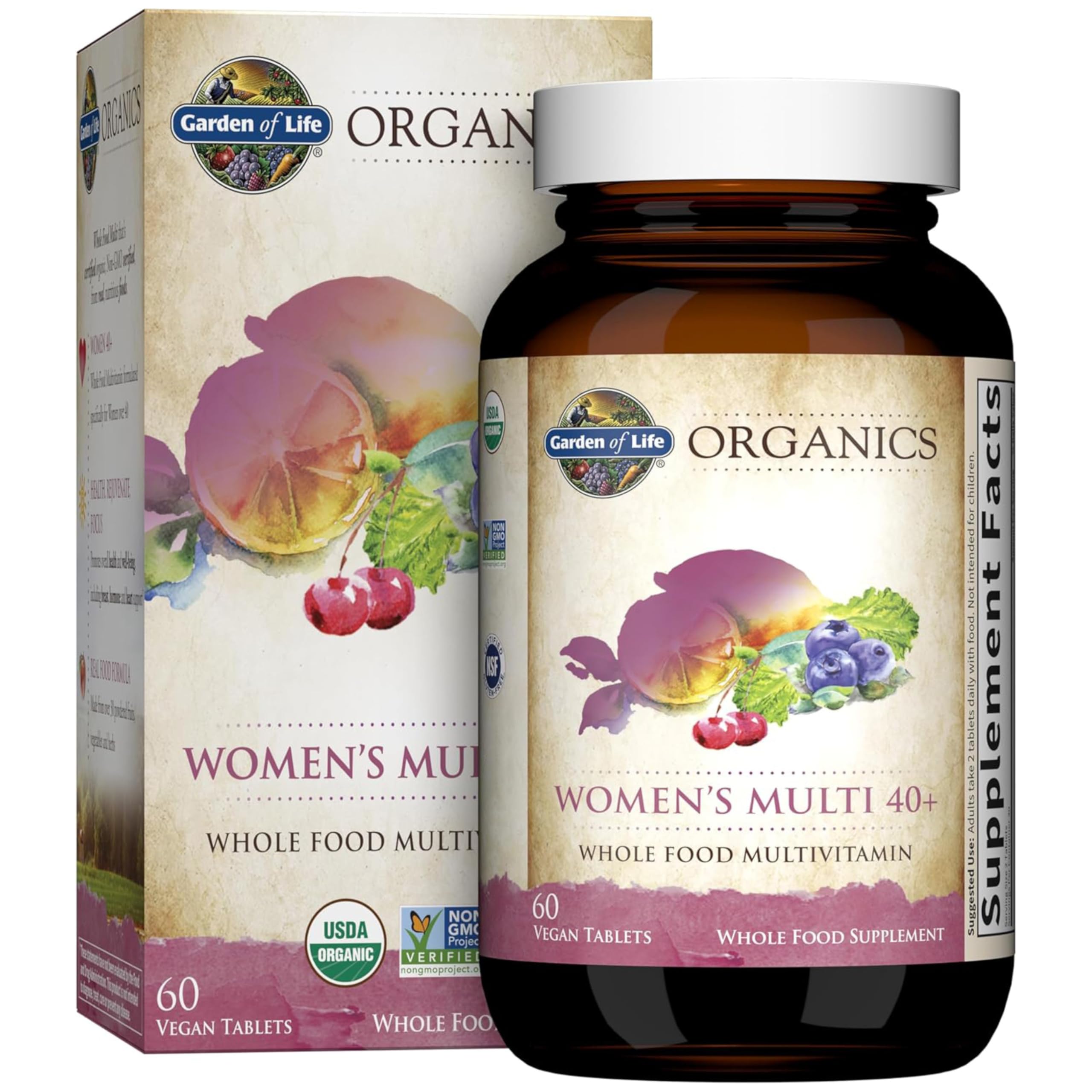 Garden of Life Organics Women 40+ bottle shown, supporting daily energy with B vitamins.