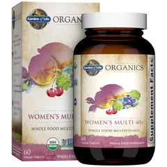 Garden of Life Organics Women 40+ bottle shown, supporting daily energy with B vitamins.