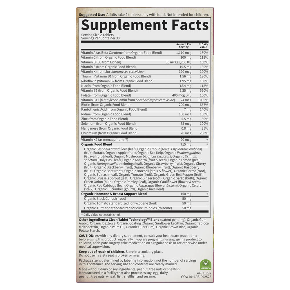 Garden of Life Organics Women 40+ ingredients including black cohosh and turmeric for balance.
