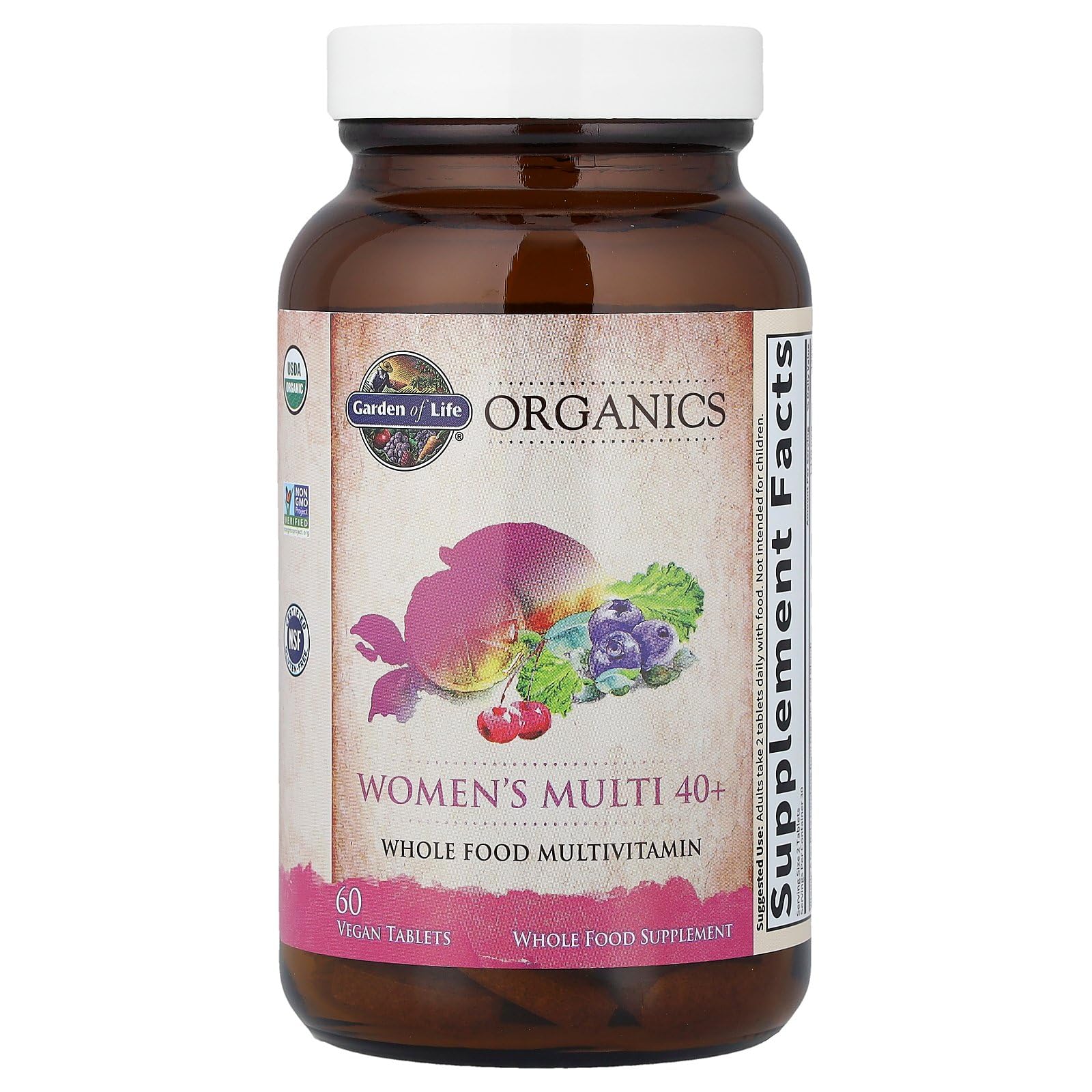 Garden of Life Organics Women 40+ multi-pack on shelf, vegan and organic lifestyle support.