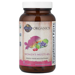 Garden of Life Organics Women 40+ multi-pack on shelf, vegan and organic lifestyle support.