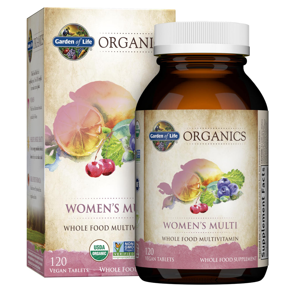 Garden of Life Organics Women’s Multi bottle shows certified organic ingredients for daily wellness.
