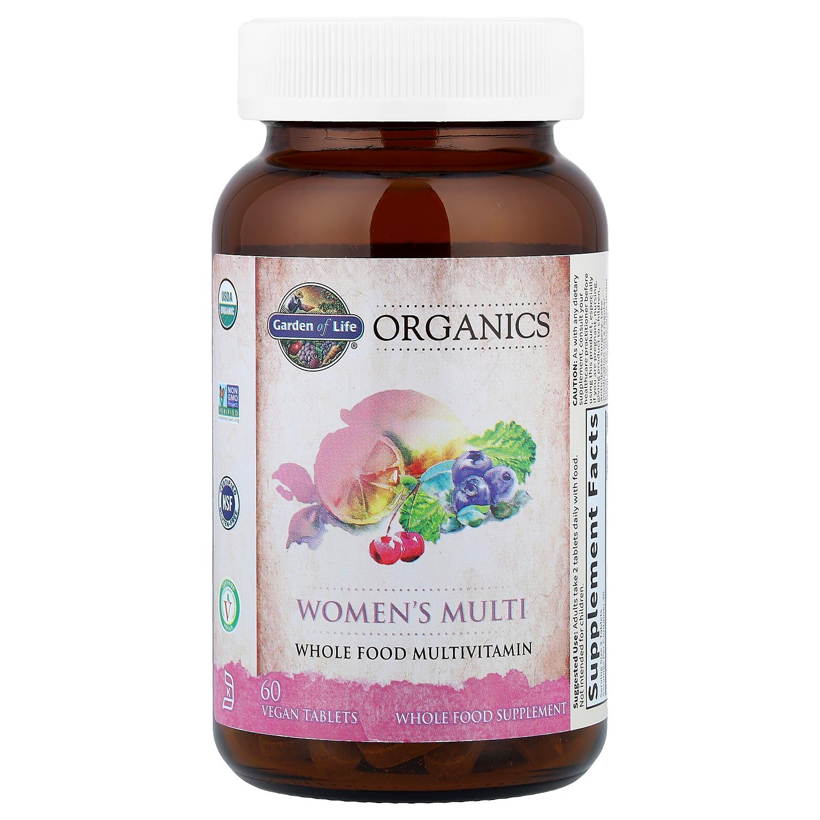 Garden of Life Organics Women's Multi label close up highlighting organic certifications.