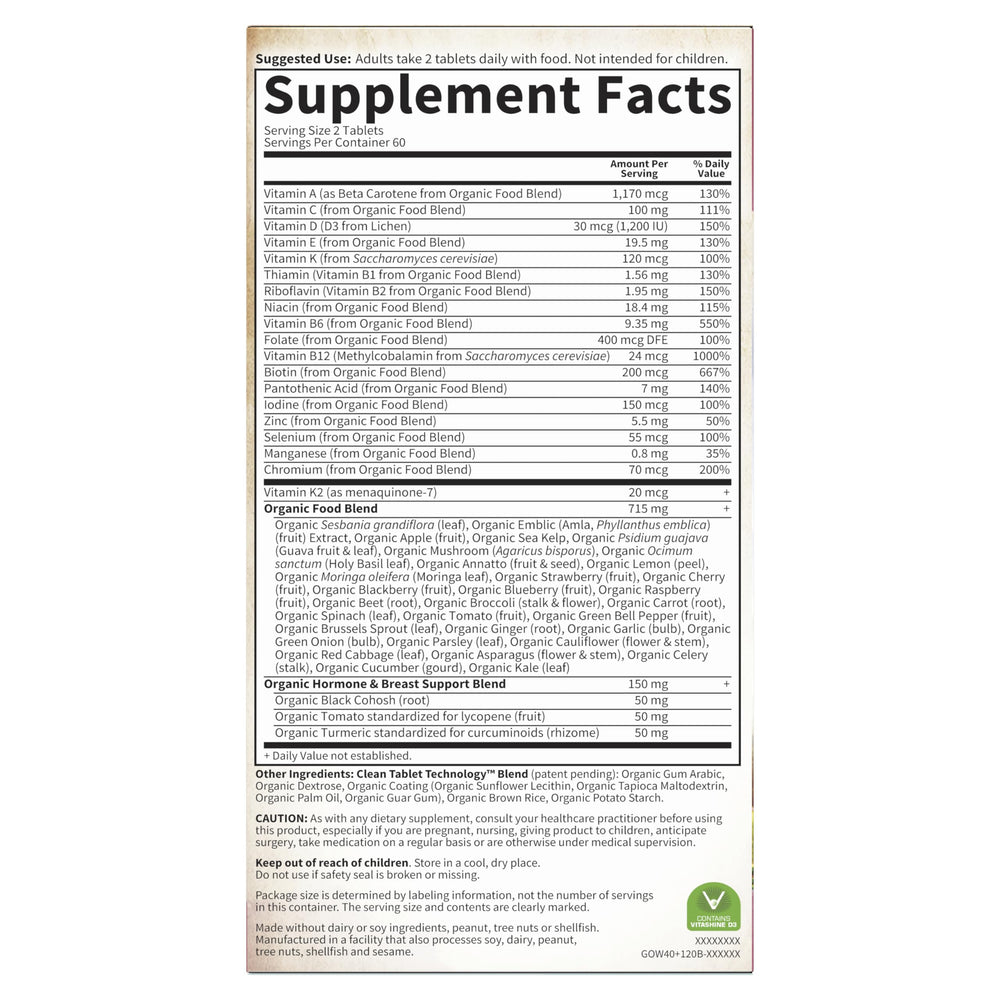Garden of Life Organics Women 40+ bottle hints at energy‑metabolism benefits from B vitamins.