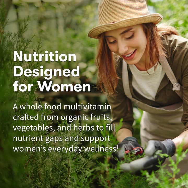 Garden of Life Organics Women Multivitamin bottle back-label shows organic certifications.