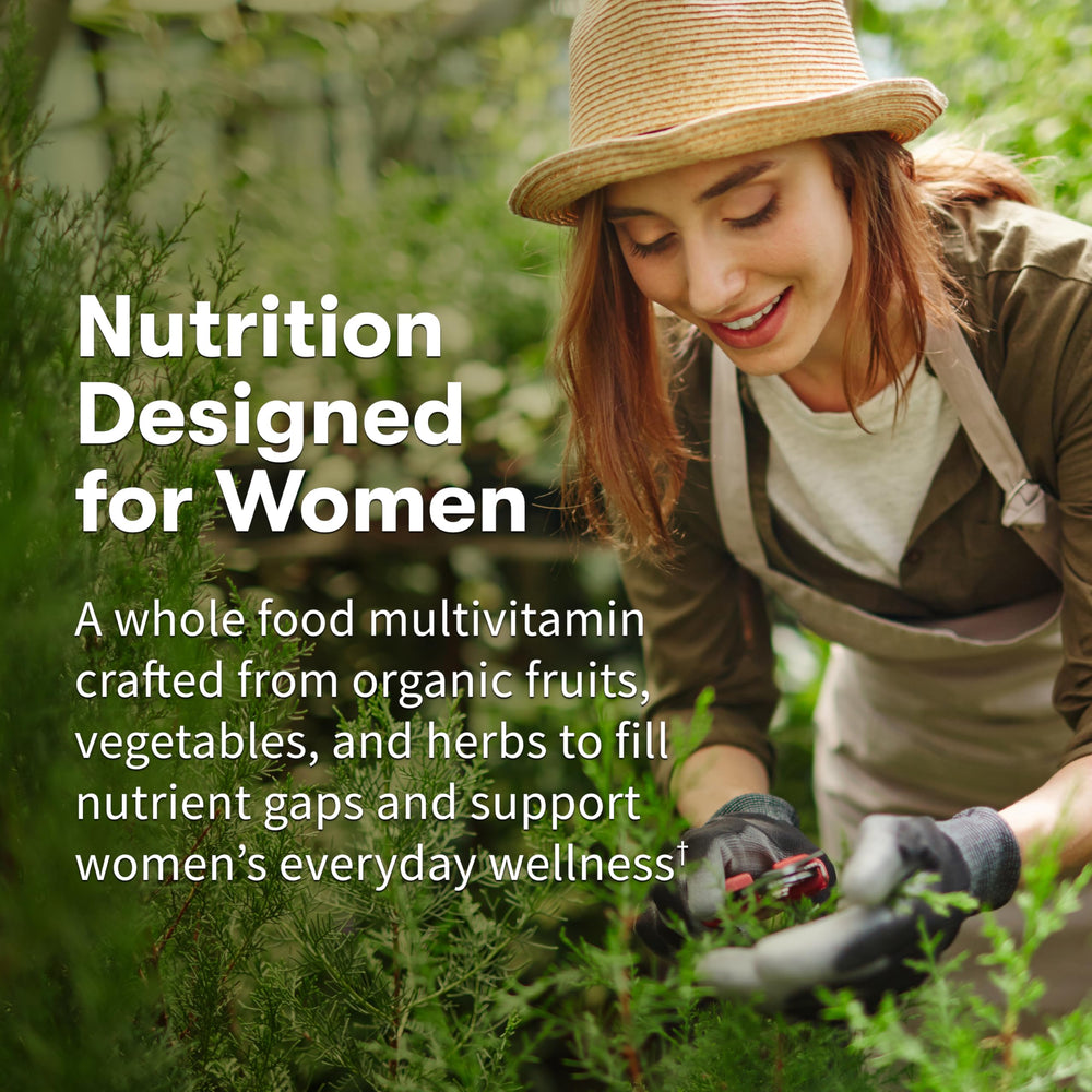 Garden of Life Organics Women Multivitamin bottle back-label shows organic certifications.