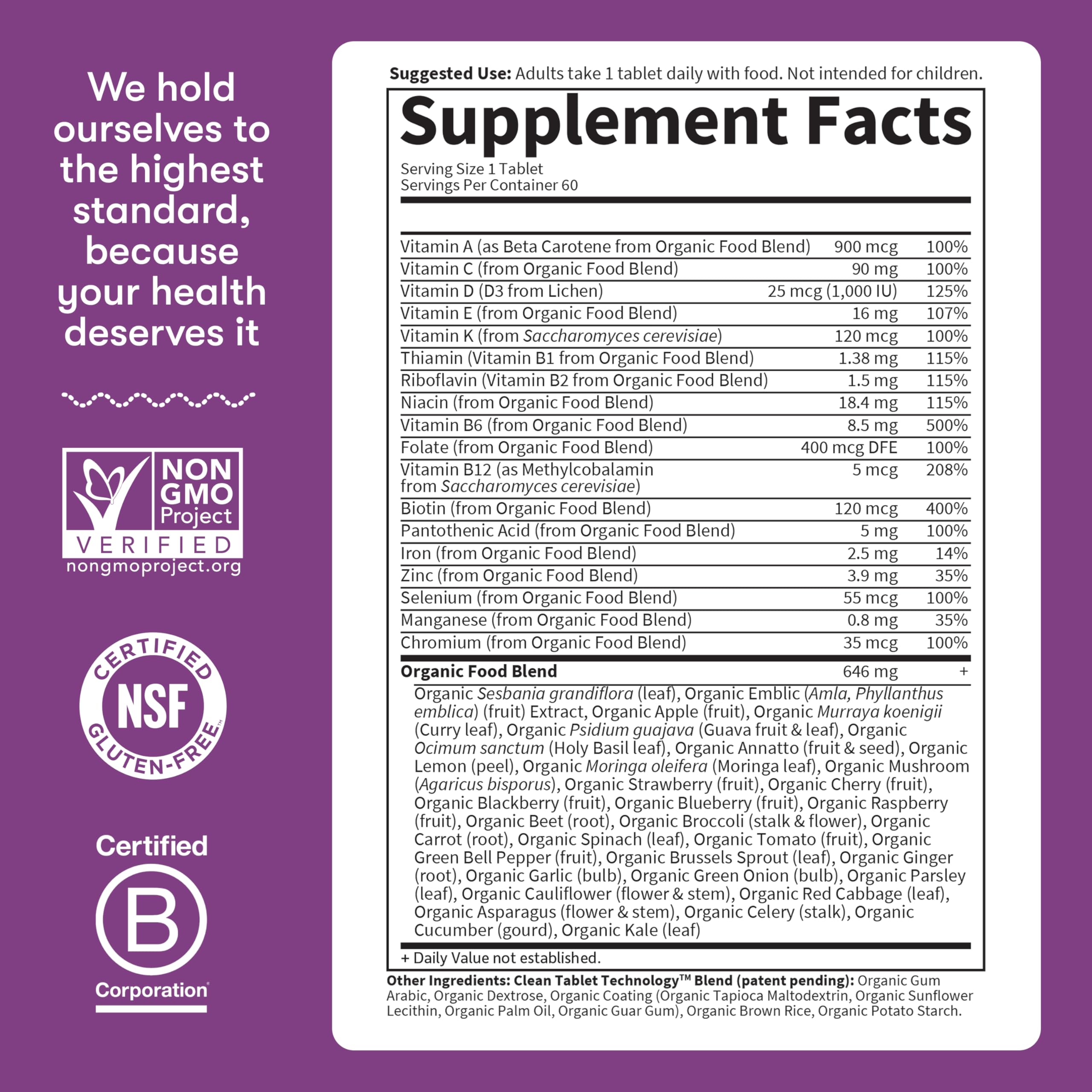 Certification logos emphasize organic, vegan, gluten free and kosher quality.