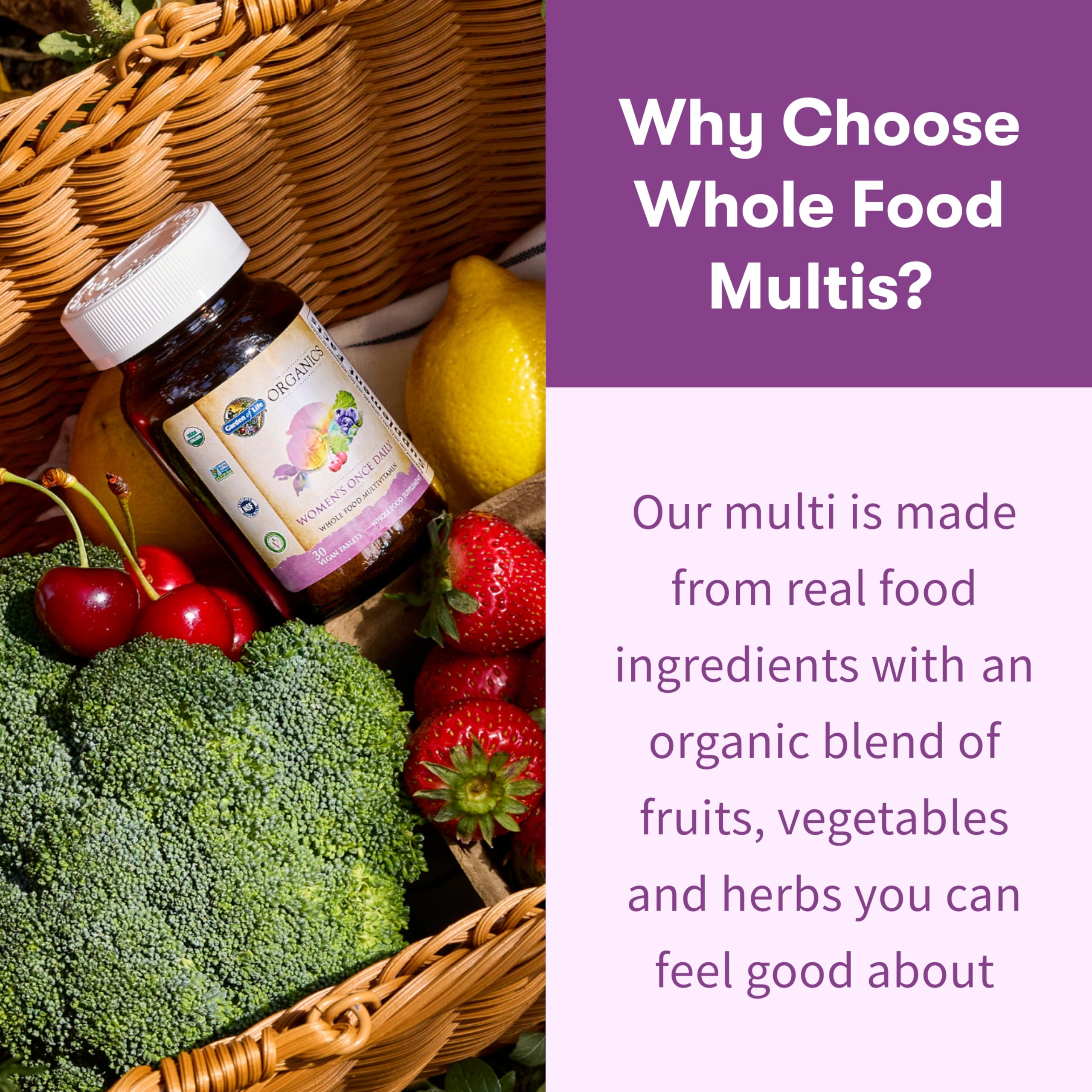 D3 from vegan lichen is visible in Garden of Life Organics Women Multivitamin image.