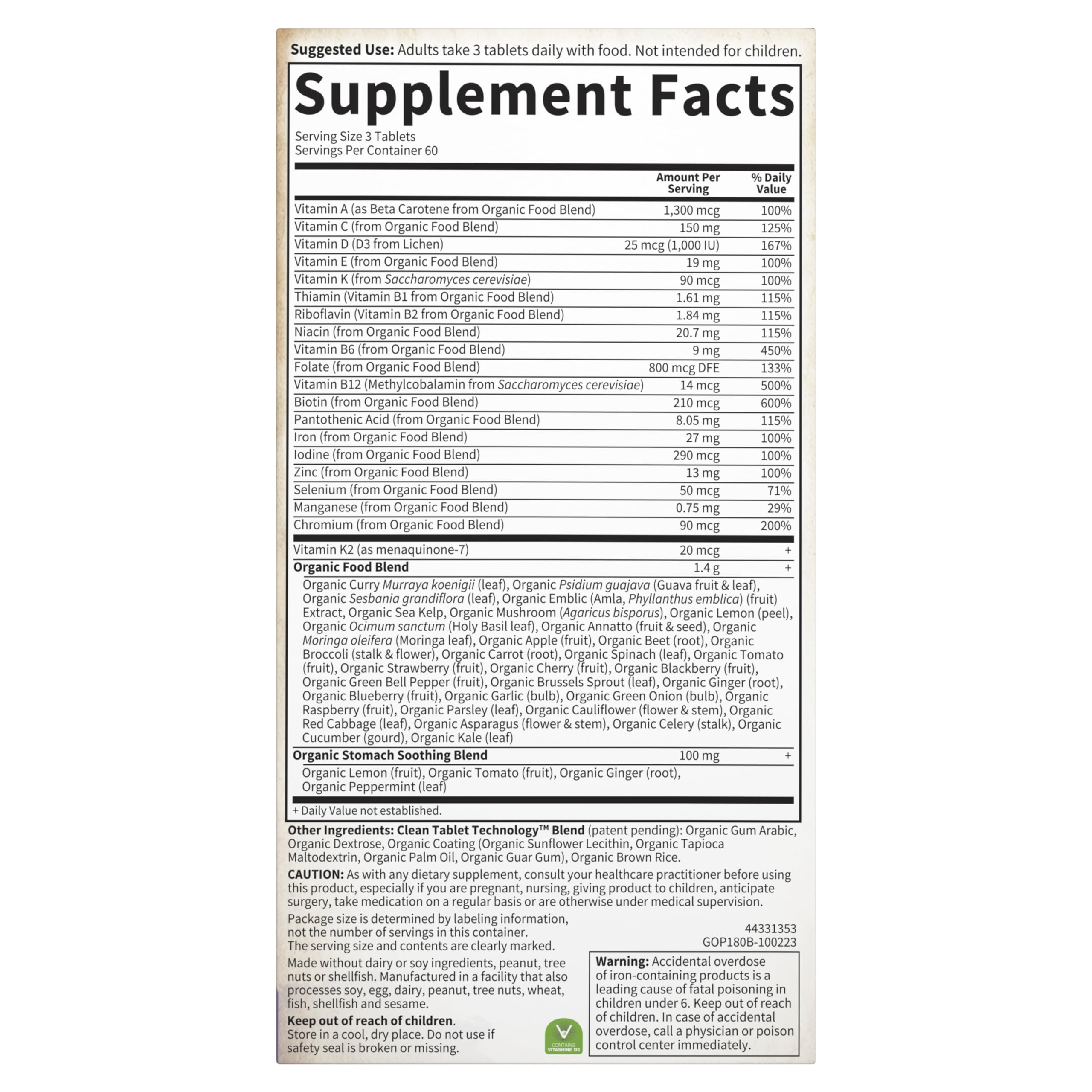 Garden of Life Organics Womens Prenatal showcases 30+ fruits and veggies in formula.