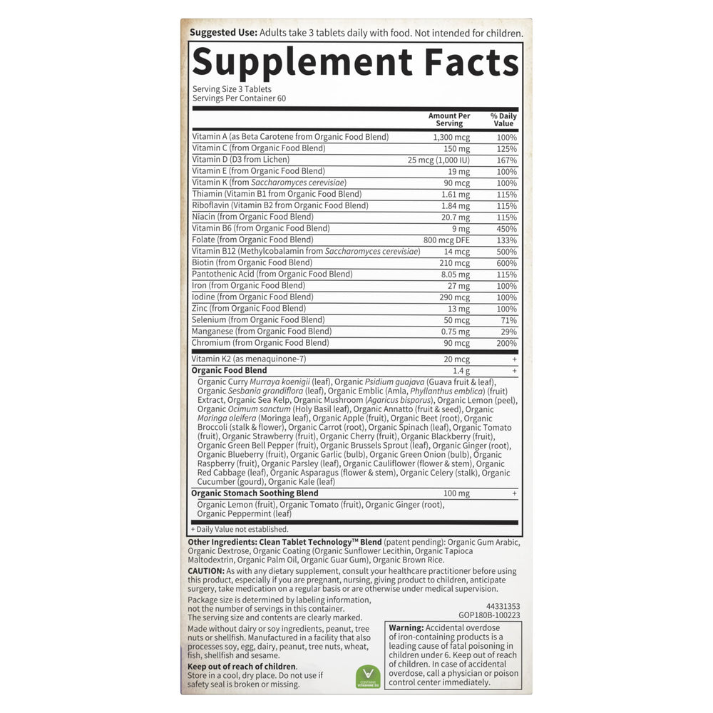 Garden of Life Organics Womens Prenatal showcases 30+ fruits and veggies in formula.