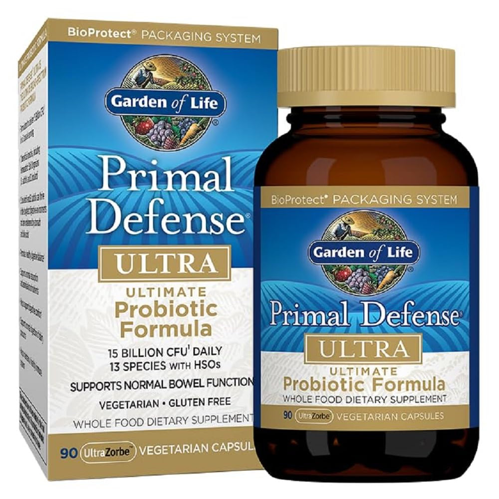 Garden of Life Primal Defense Ultra bottle pour, convenient daily probiotic ritual for digestive balance.
