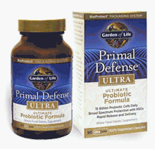 Garden of Life Primal Defense Ultra bottle with 60 veggie caps for gut balance.