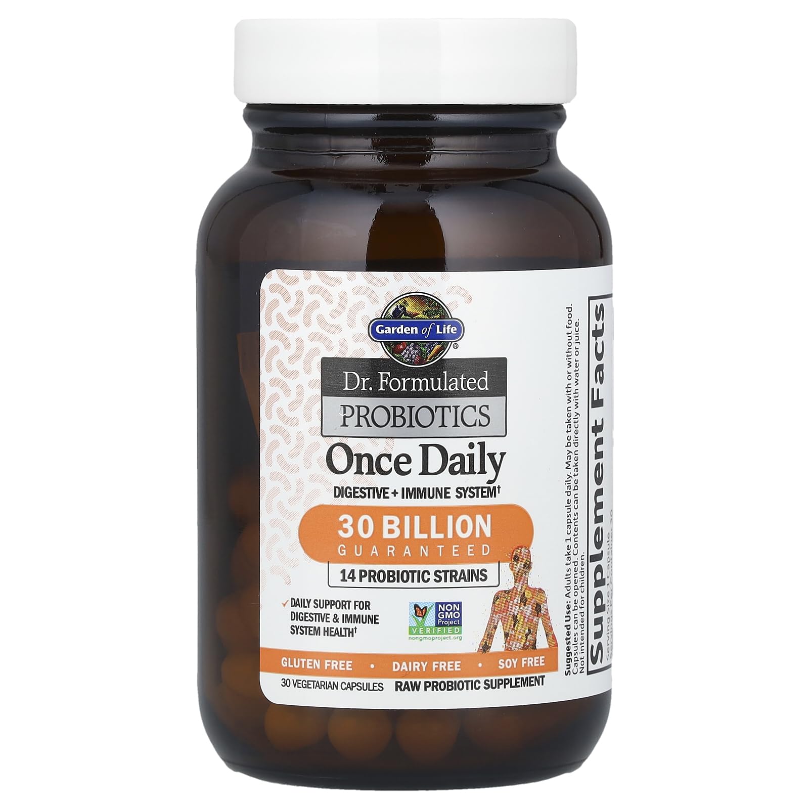 Garden of Life probiotic label close-up highlighting clinically studied strains