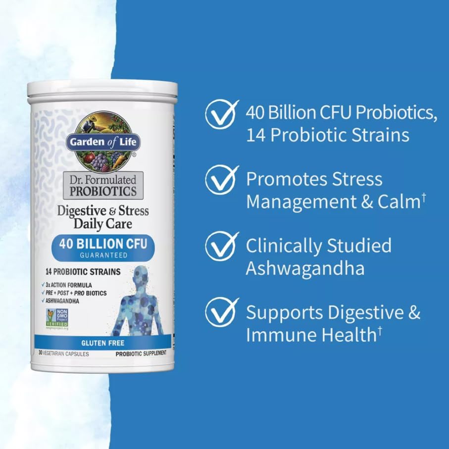 Garden of Life probiotic bottle showing non-GMO and USA-made quality.