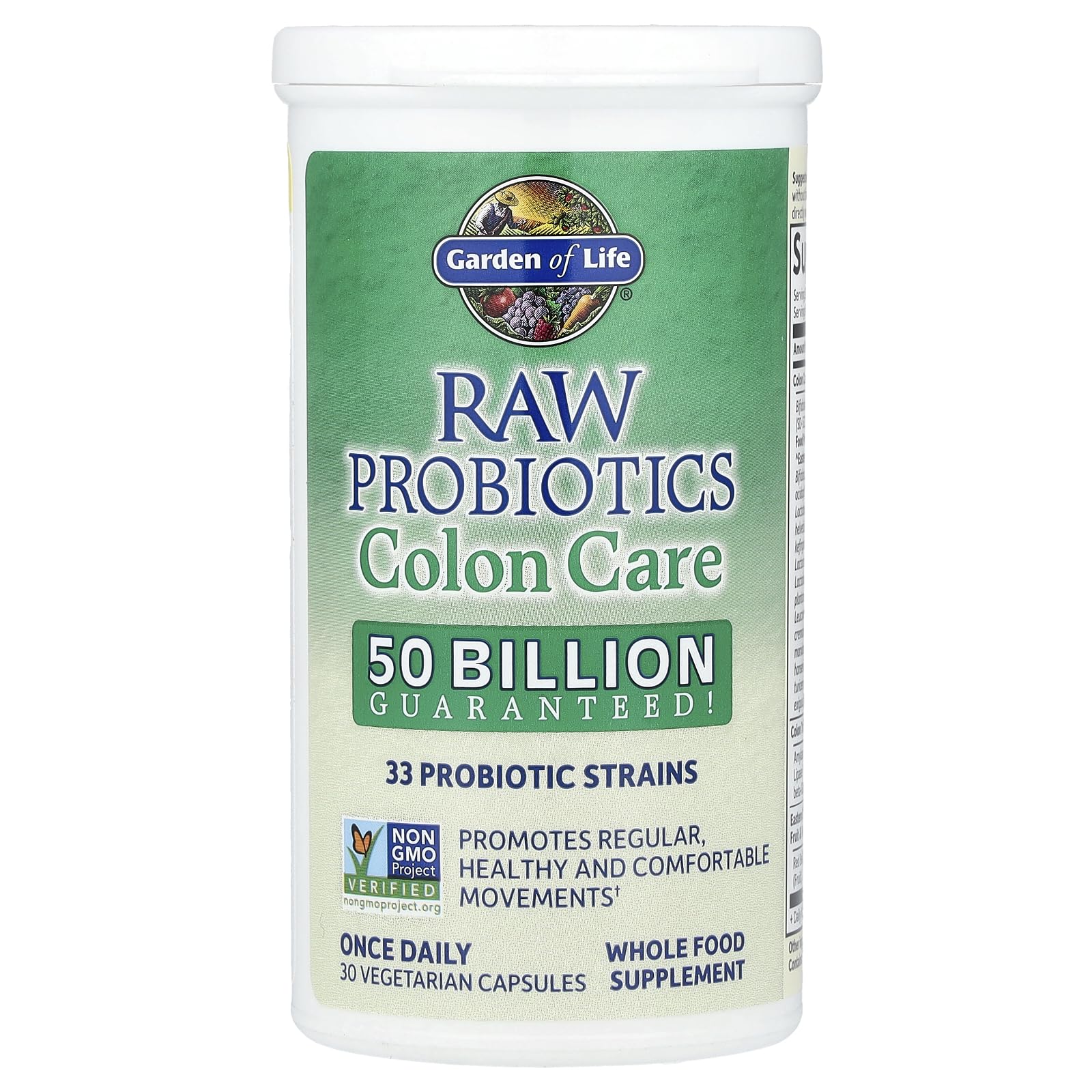 Garden of Life Probiotics Colon Care blend ingredients featuring 33 strains
