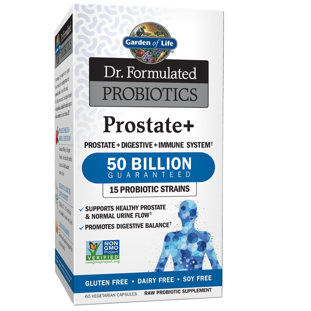 Garden of Life Prostate+ bottle front highlighting probiotic support for prostate health.