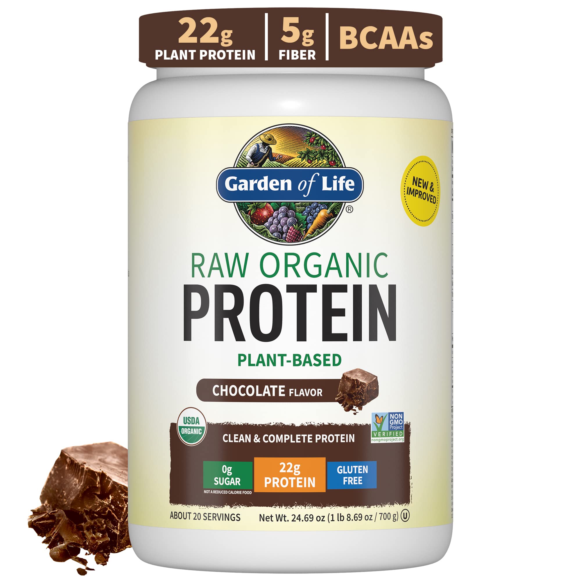Garden of Life protein powder chocolate shake in glass shows vegan nutrition.