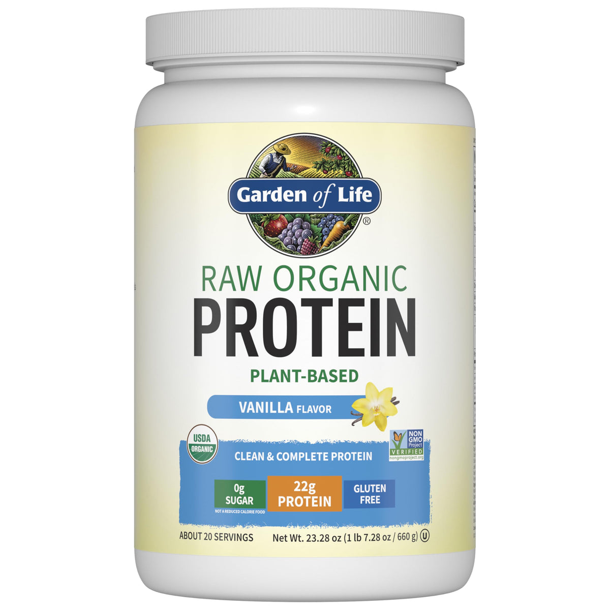 Garden of Life vanilla protein powder scoop for a quick vegan protein boost.