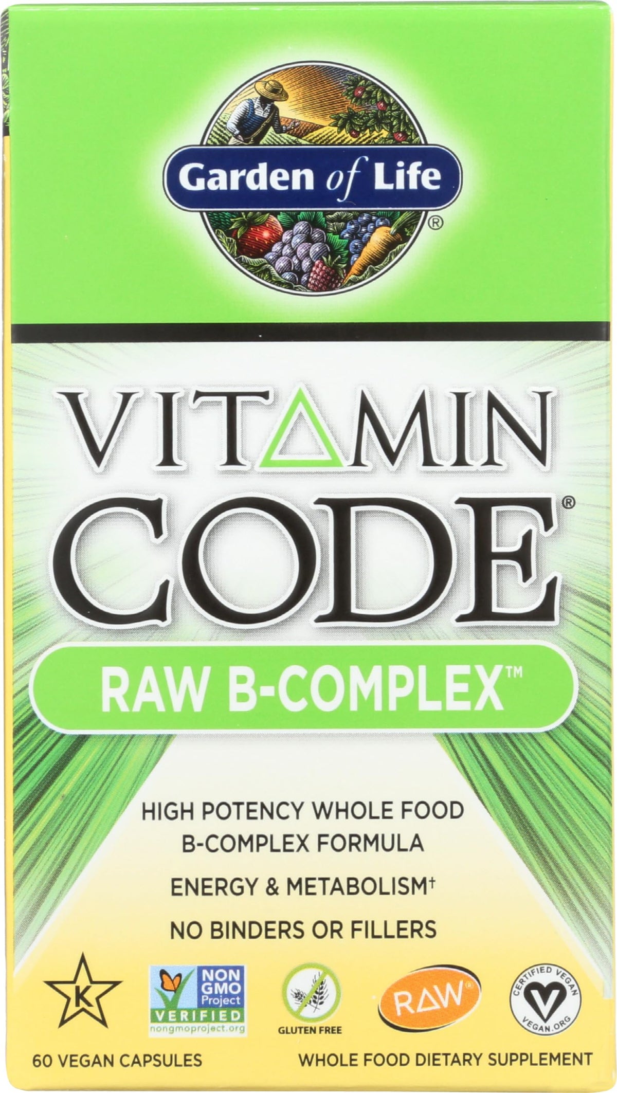 Garden of Life Raw B Complex bottle front showing vegan capsules for energy support