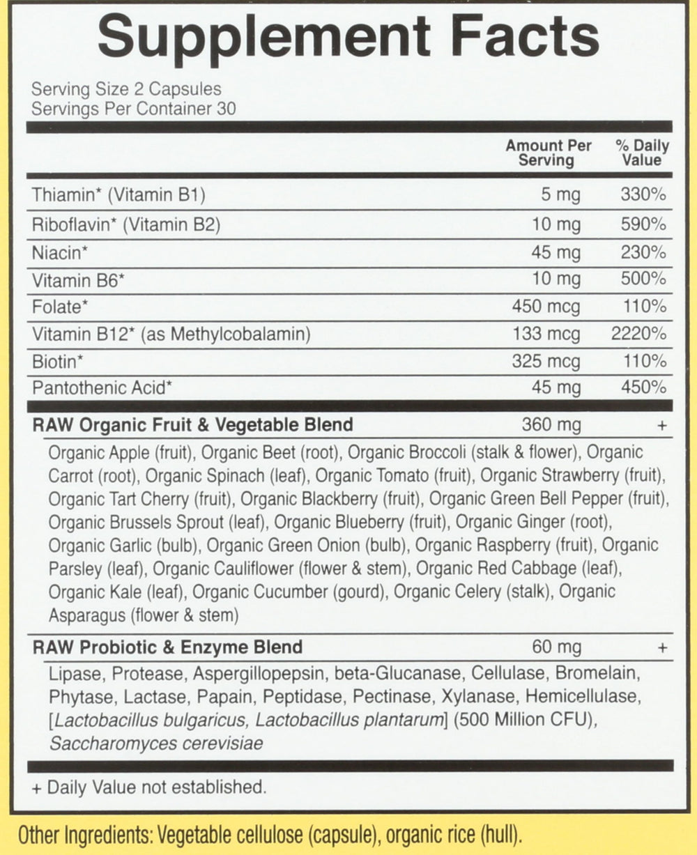 Garden of Life Raw B Complex ingredients blend emphasizes raw fruits and vegetables