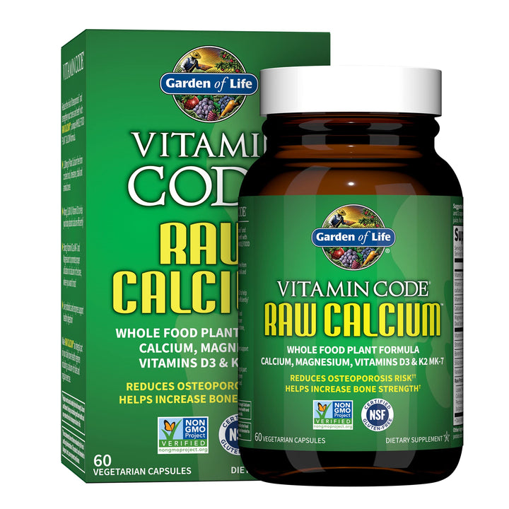 Garden of Life Raw Calcium bottle front showing plant-based calcium for daily bone support