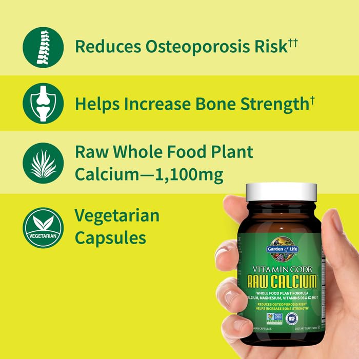 Garden of Life Raw Calcium bottle being poured to show easy-to-take capsules