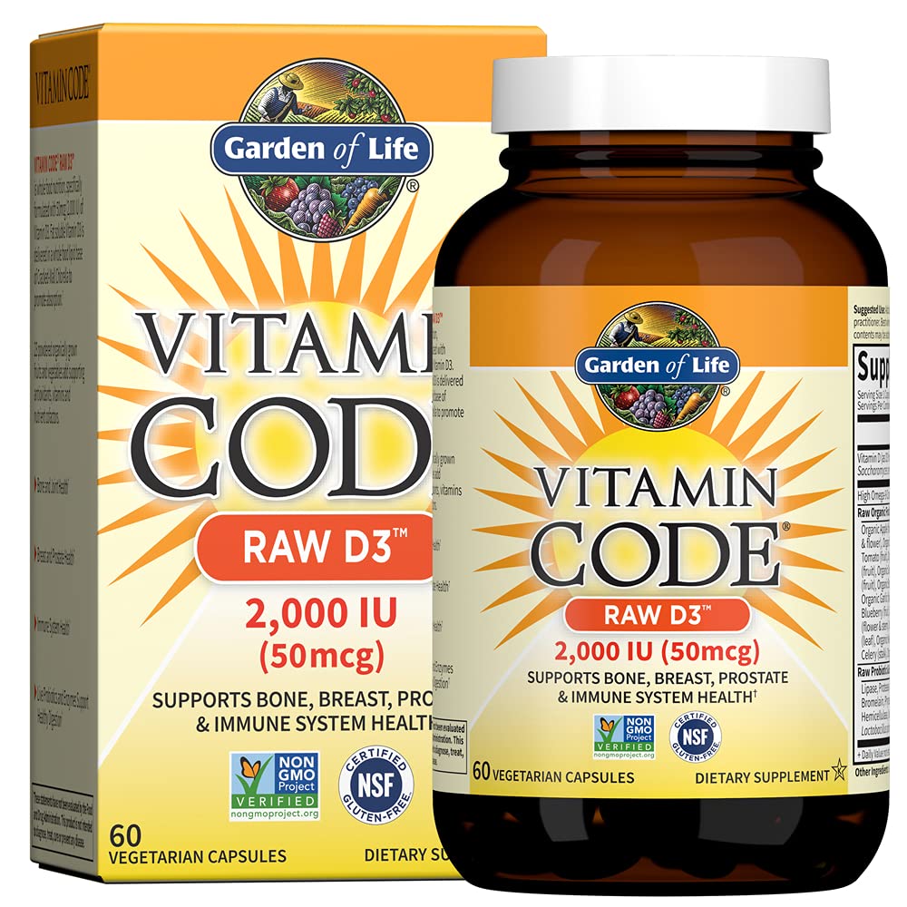 Garden of Life Raw D3 bottle with 2000 IU vitamin D and probiotics for immune support.