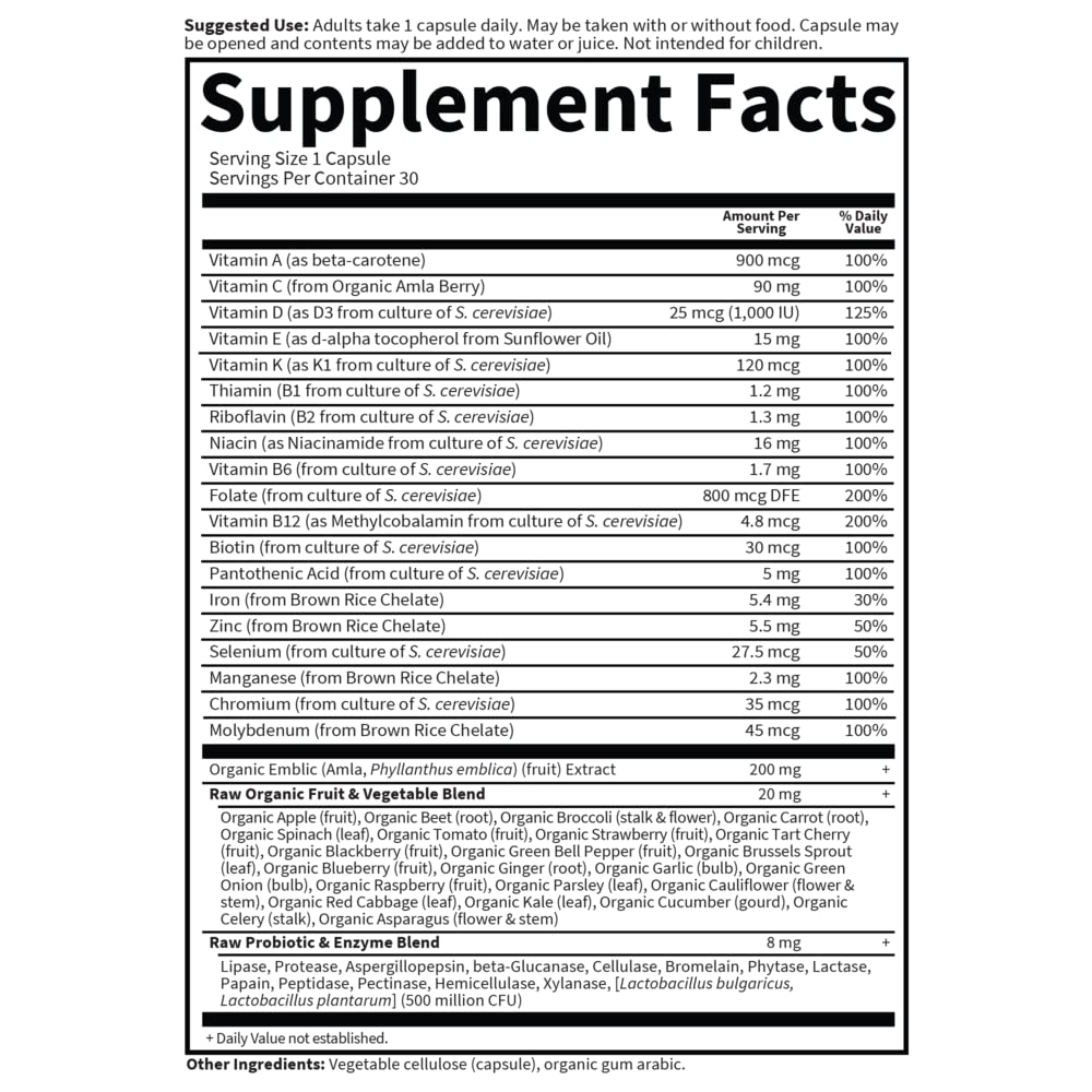 Garden of Life RAW ONE for Women ingredients panel with 24 raw fruits and vegetables.
