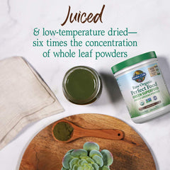 Close-up of Garden of Life label on organic greens powder canister