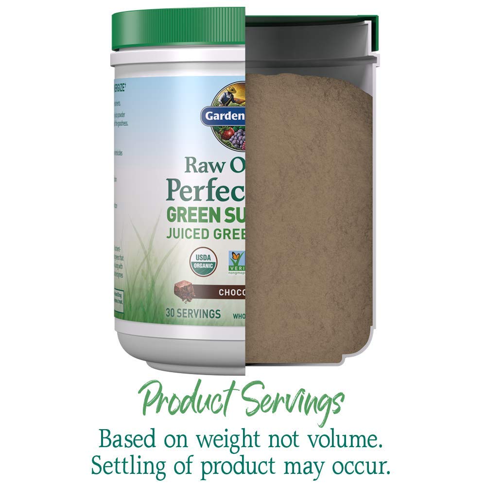 Nutrition panel visible on Garden of Life chocolate greens powder canister