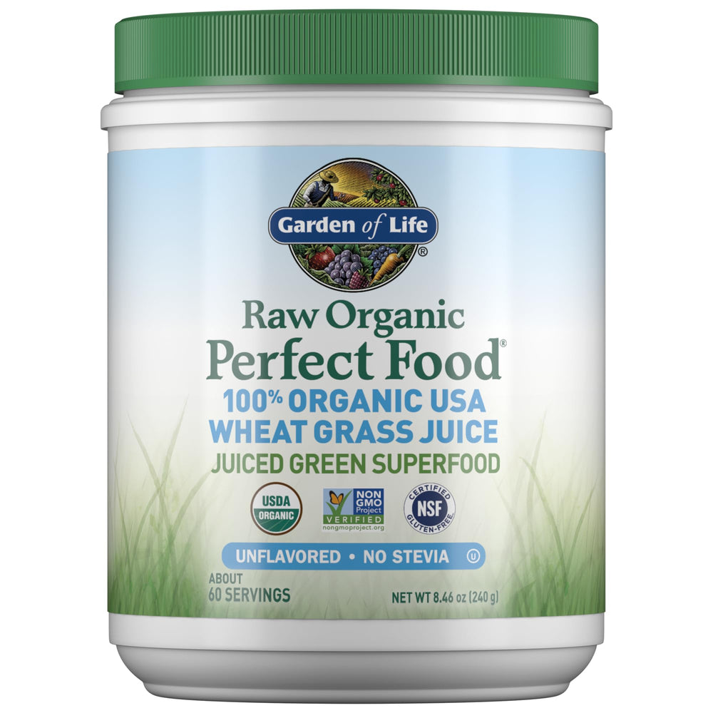 Garden of Life Raw Organic Perfect Food wheat grass juice powder bottle front for daily greens boost.