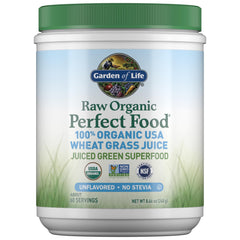 Garden of Life Raw Organic Perfect Food wheat grass juice powder bottle front for daily greens boost.