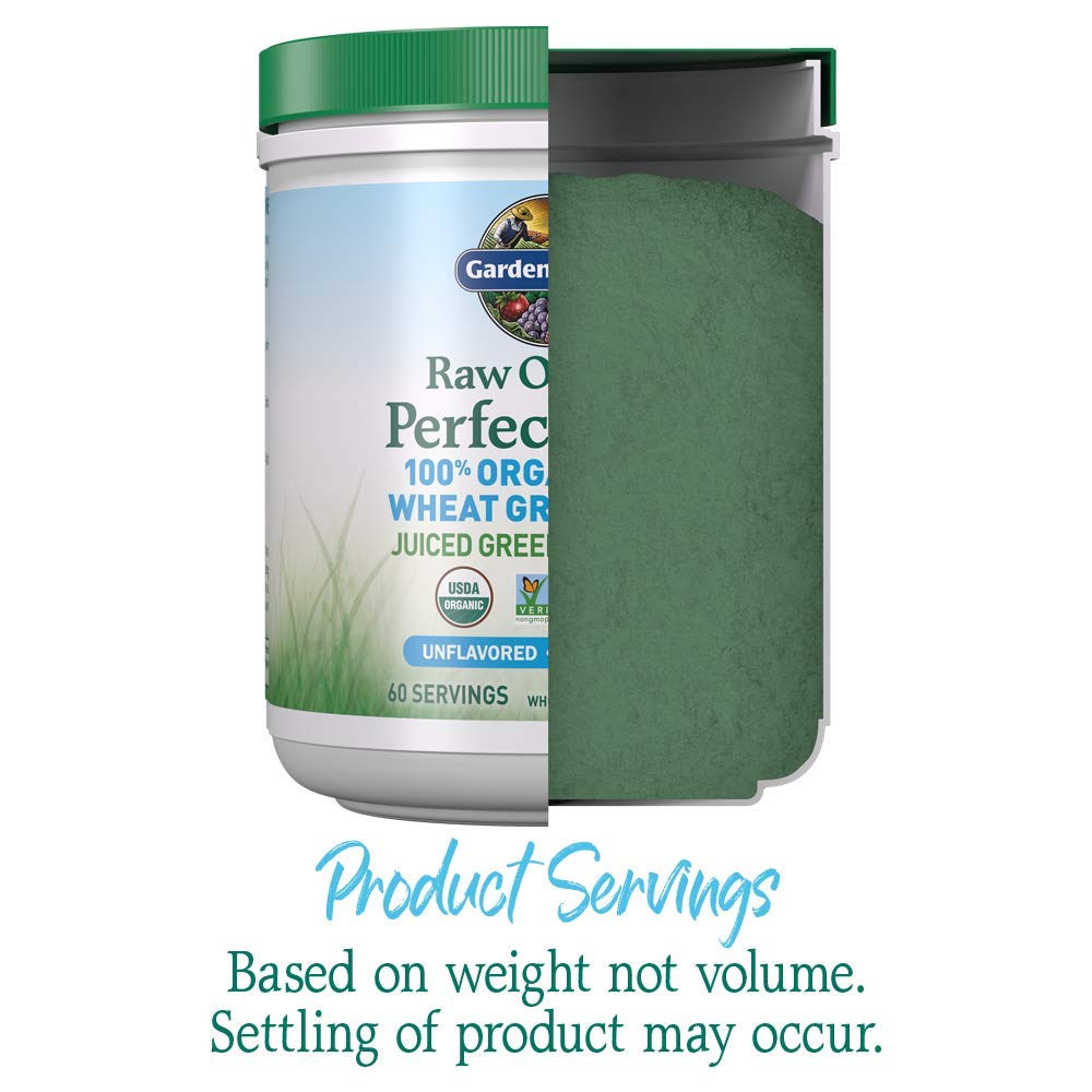 Garden of Life Raw Organic Perfect Food powder in a glass with vibrant green color.