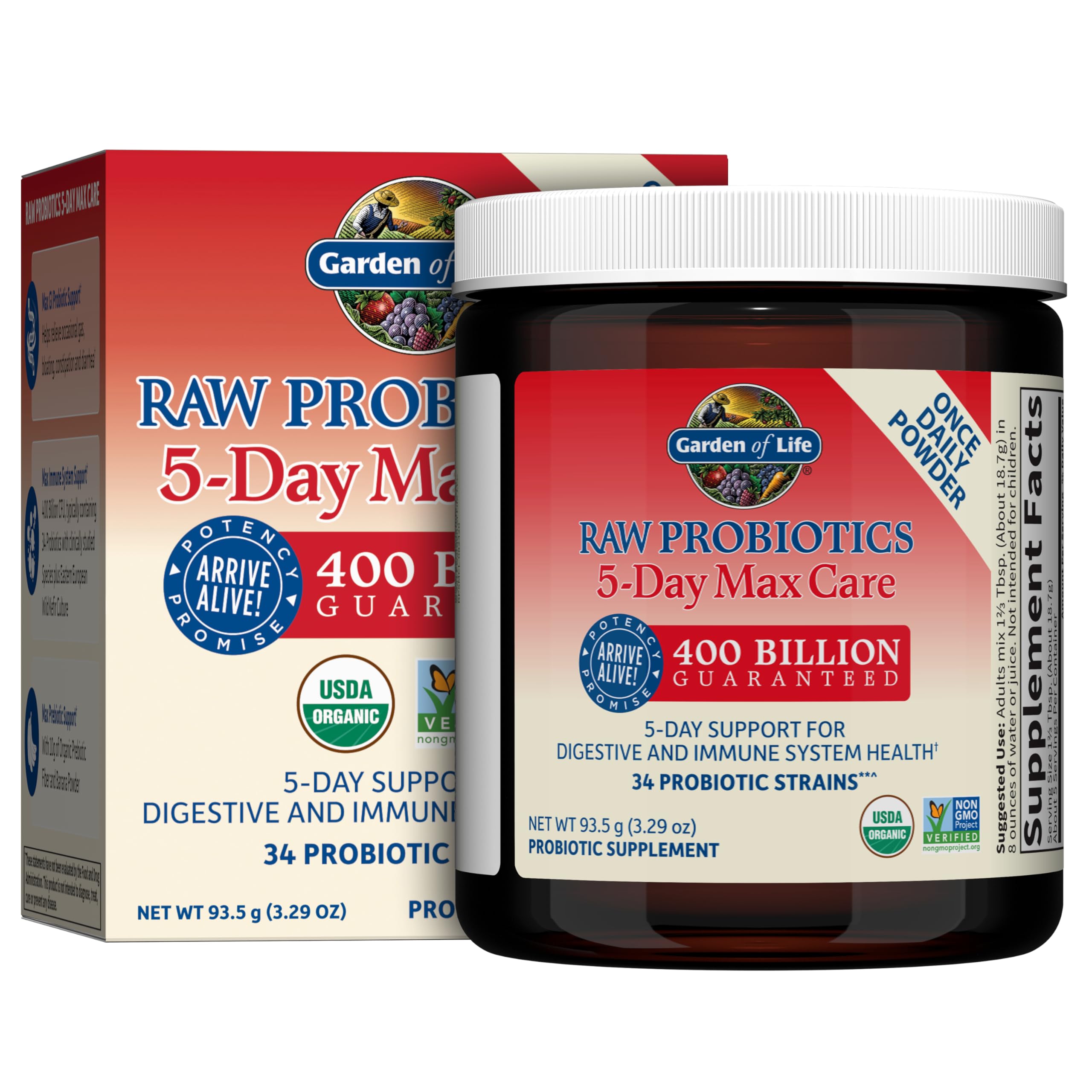 Garden of Life Raw Probiotics 5-Day Max Care tub shows 400B CFU potency for daily balance